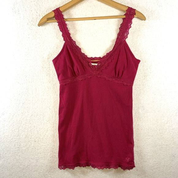 AEO Womens Y2K Babydoll Lace Trim Cami Tank Top Sz S Fuscia Coquette Preppy - Picture 1 of 9